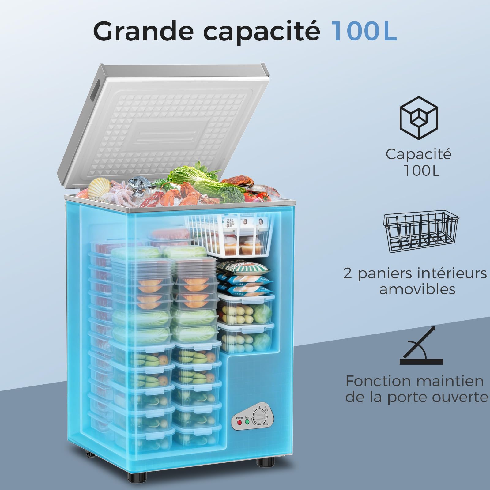 YASHE Congélateur coffre 100L, pose libre, Gris | 2 paniers amovibles, 6 niveaux de température, faible consommation d'énergie et fonctionnement silencieux de 45 dB
