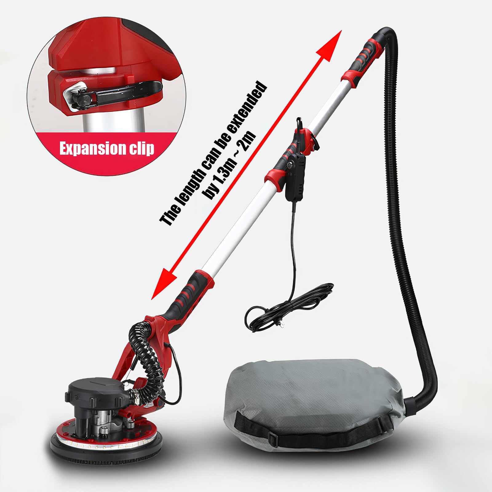 Ponceuse Girafe,800w ponceuse placo avec aspirateur,Ponceuse Mur et Plafond Tuyau d'Aspiration pour Plaques Plâtre,225MM Disques meulage,Éclairage LED et Manche Télescopique (Rouge)