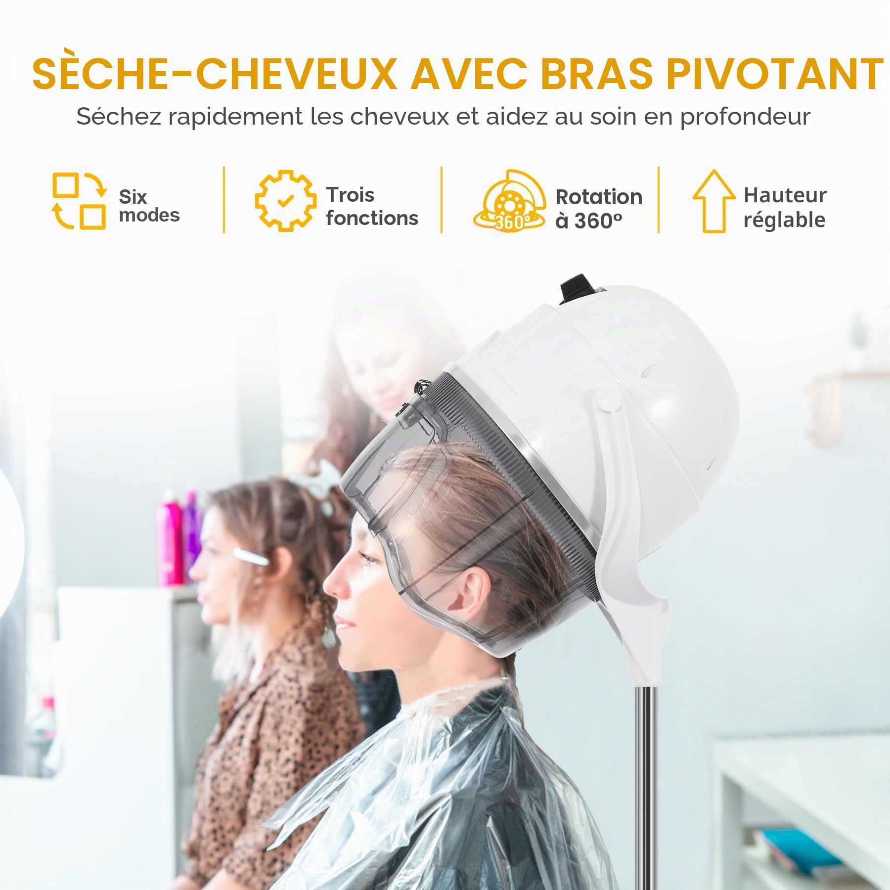 Casque Chauffant Professionnel sur pied, Casque Sèche-Cheveux avec Minuterie pour salon de Coiffure pour salon de Coiffure Spa, Blanc