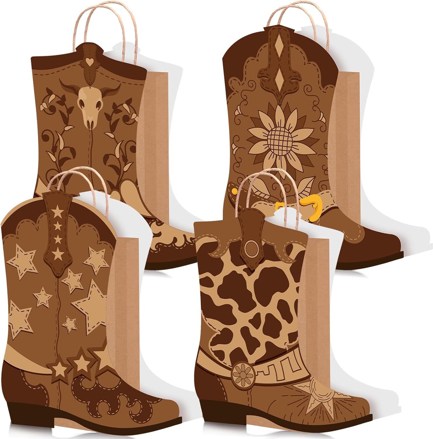 Mooliwe 16 Pcs Cowboy Cowgirl Boots Paper Bags Western Theme Birthday Party Decorations Favors Wild West Kraft Gift Bag Cowboy Cowgirl Bachelorette Rodeo Party Supplies(Brown D,Cow)