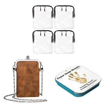 BORSALI 4-pack TSA Quart Size Bag Approved for Carry On Travel with Brown Small Crossbody Bag for Women and Paper Soap Sheets 1 Case with 50 Sheets To Go