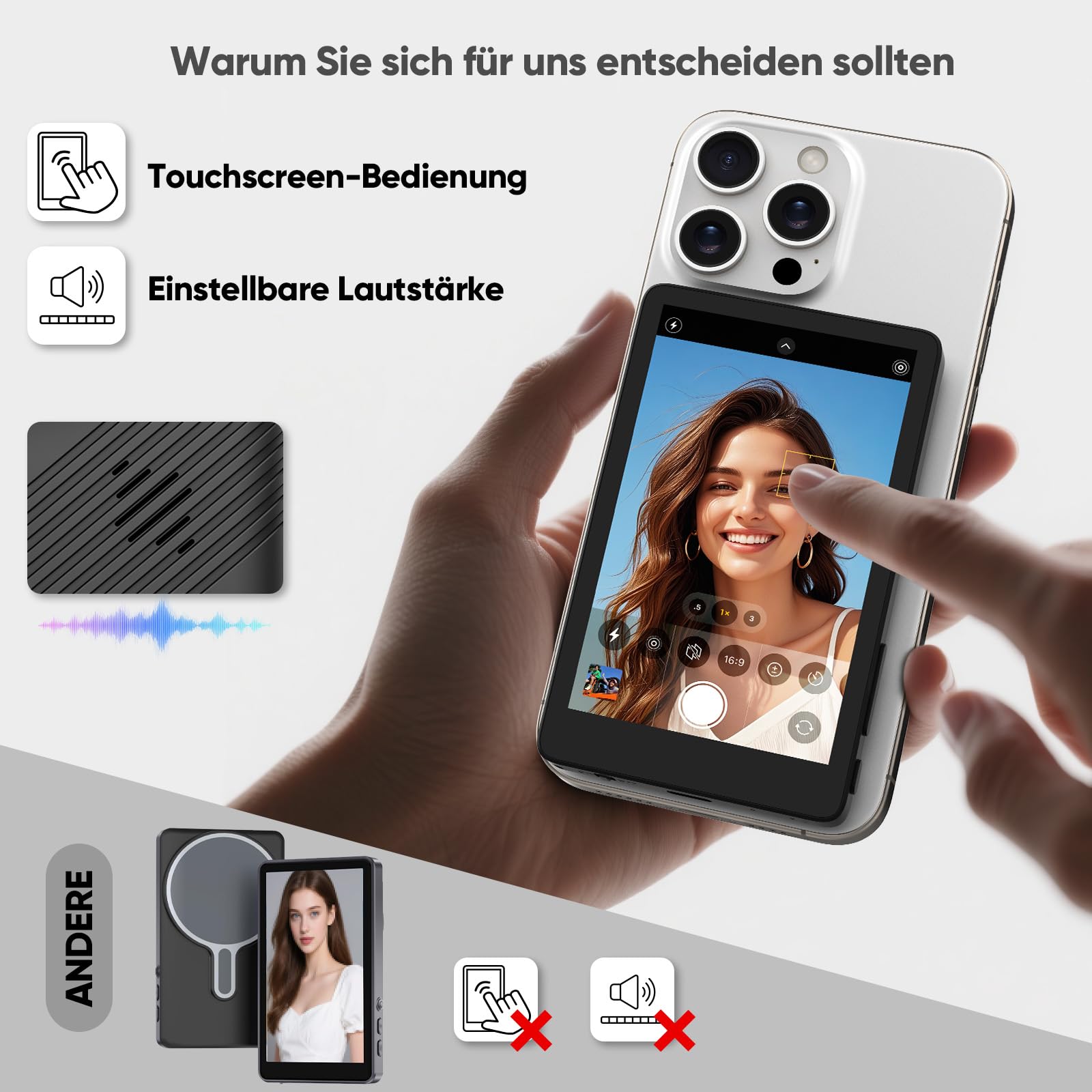 Rottogoon Selfie-Monitor Touchscreen für iPhone 7-17, 4 Zoll 4 K 30 fps, magnetischer Rückkamera-Monitor mit Lautsprecher für Vlog, YouTube, Tiktok, Live-Streaming, Videoaufnahme, Content Creator, P2P