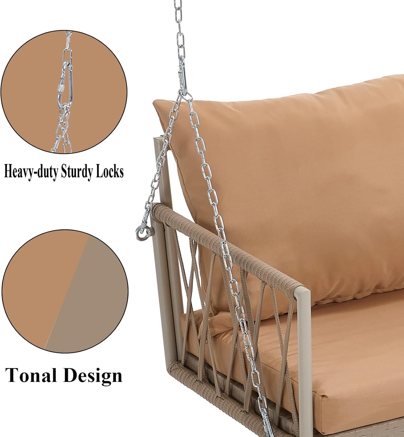 Porch Swings Chair with Cushions, Hanging Rope Swing, Hanging Chair for Bedroom, Hammock Chairs Swing Indoor & Outdoor, Macrame Hanging Swinging, Patio, Balcony, Brown
