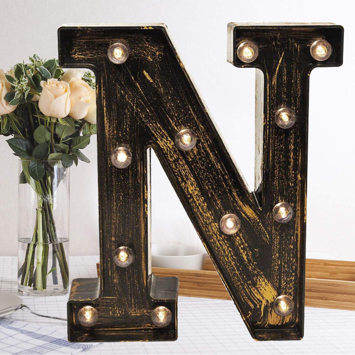 OYCBUZO Golden Black Led Marquee Letter - Industrial, Vintage Style Light Up Alphabet Letter Sign for Cafe Wedding Birthday Party Christmas Lamp Home Bar Initials Decor - N