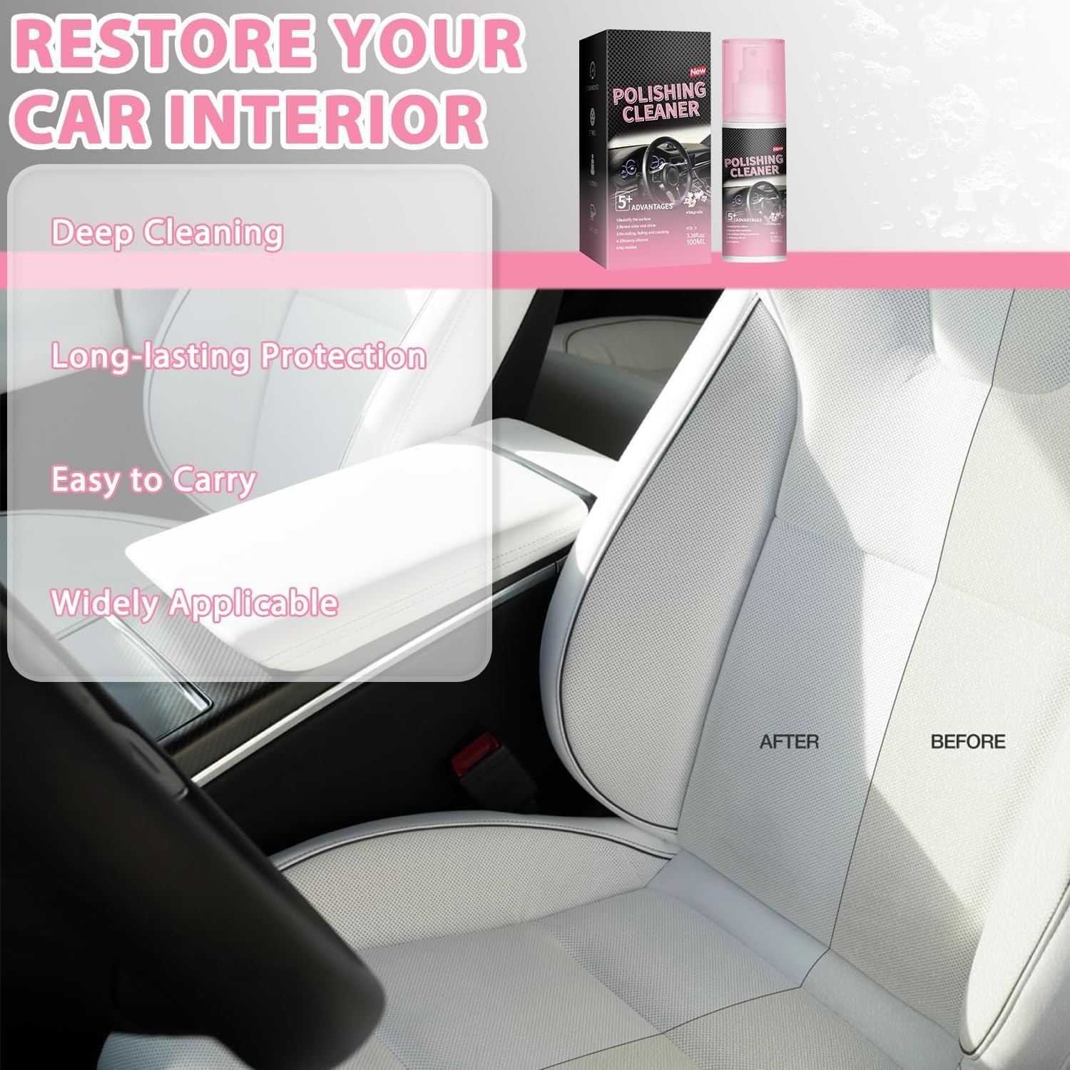 Polishing Cleaner Car Interior, 100ML Car Interior Cleaner, Interior Detailer Spray, Car Interior Detailing Cleaner for Rubber, Leather& More, Multi-Surface Cleaning for Car Interior(2PCS)