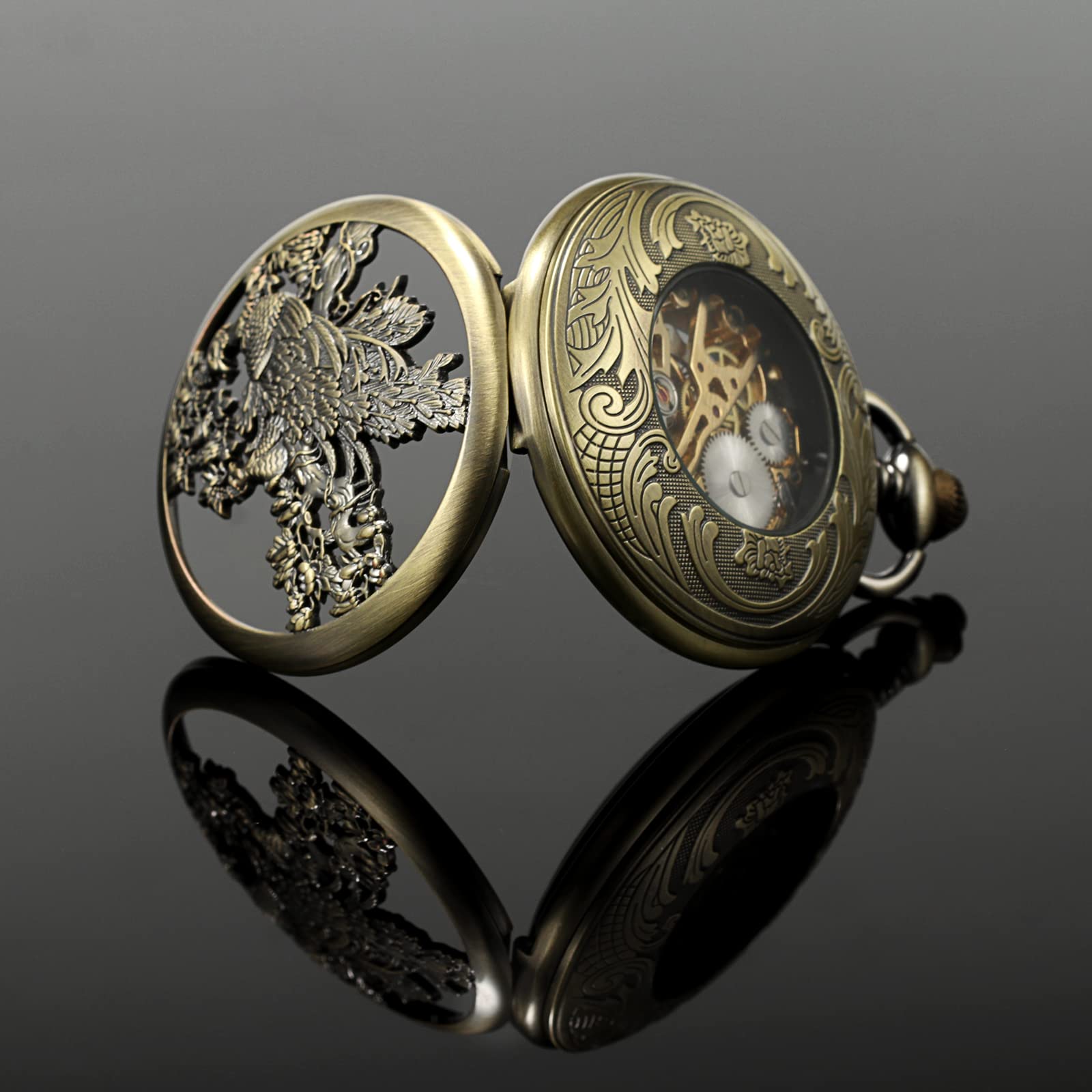 TREEWETO Mechanische Bronze-Taschenuhr für Herren, Glücks-Pfau, Skelett-Taschenuhr, antikes römisches Zifferblatt, mit Kettenbox, bronze