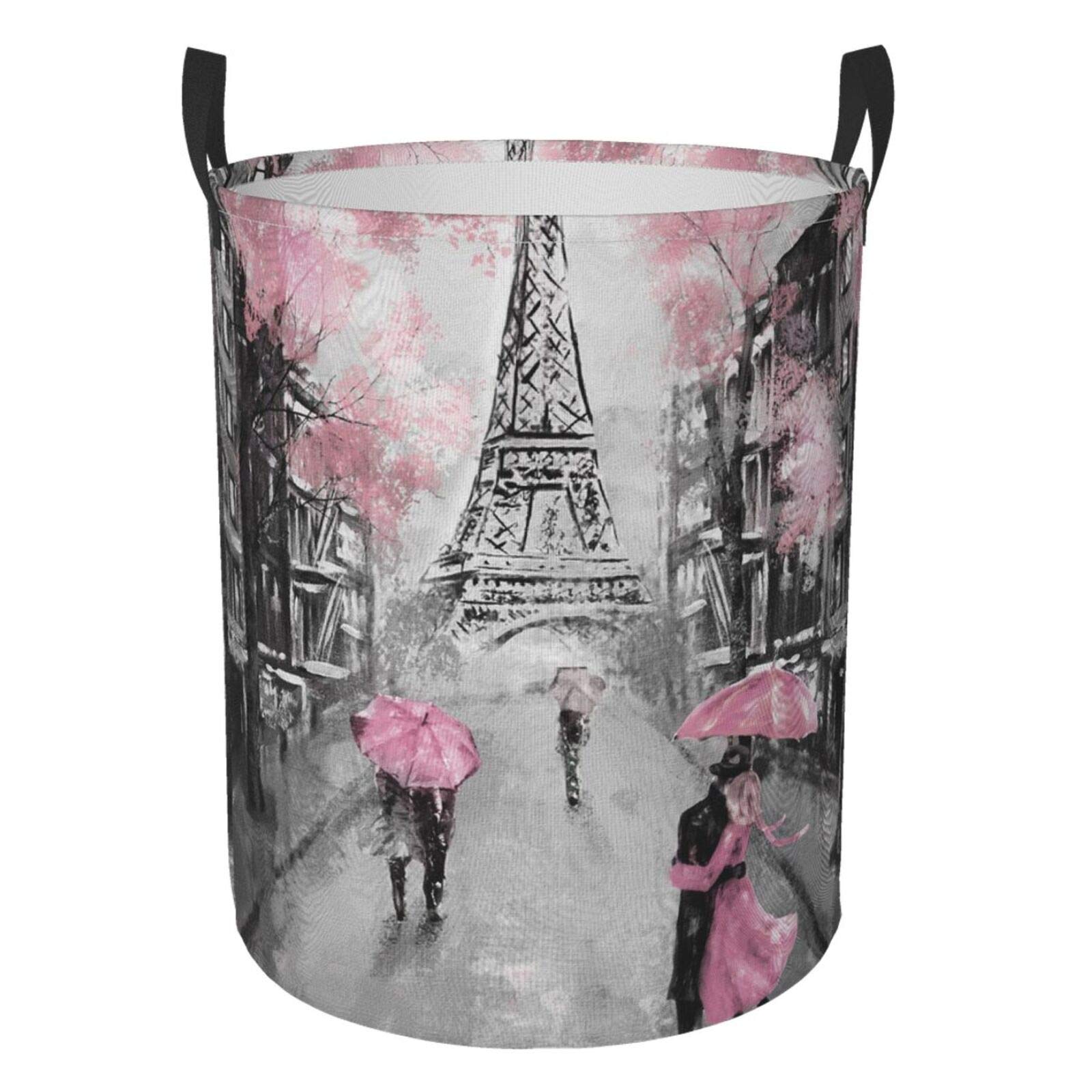 Dujiea Eiffel Tower Pink Lovers in Paris Laundry Basket Round with Handle, Collapsible Foldable Canvas Storage Bin Dirty Clothes Bag for Laundry/Toys Organizer/College Dorm/Nursery/Decor(2 Sizes)