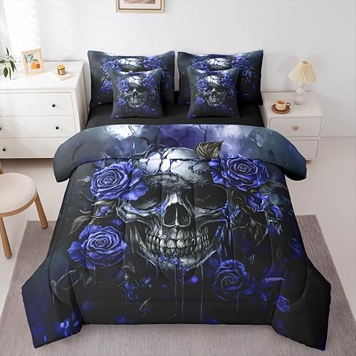 Erosebridal Sugar Skull Full Size Bedding Set for Adults Men Women,Navy Blue Ros