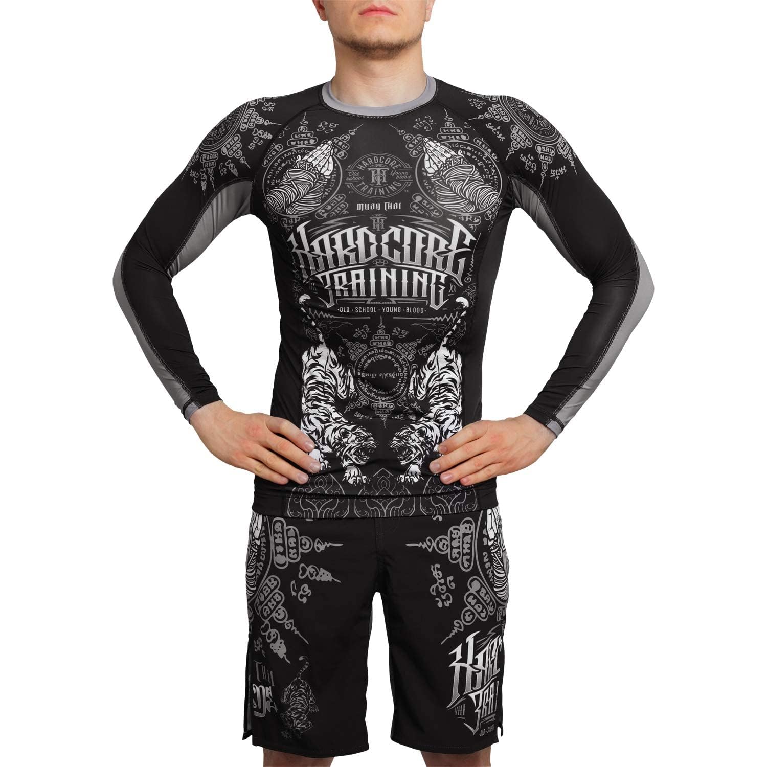 Hardcore Training Męska koszulka kompresyjna Rashguard, długie ramię Jiu Jitsu MMA No-Gi Enge BJJ Grappling warstwa bazowa walka, Srebrny, czarny, 4XL
