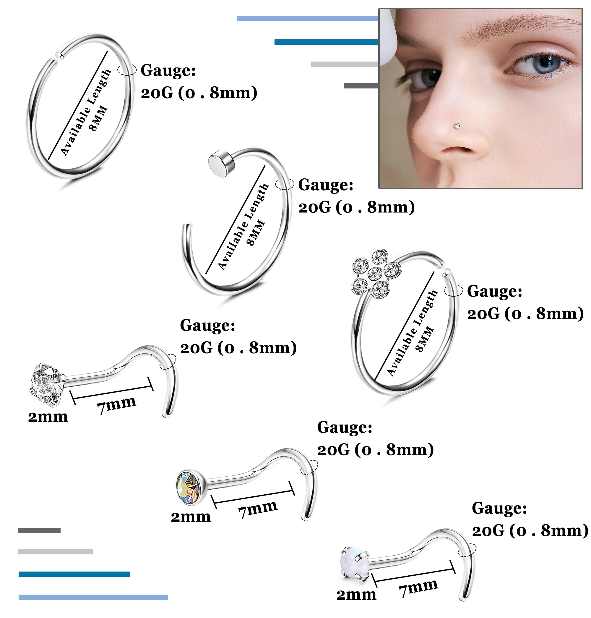 ADRAMATA 26Pcs 20G Piercing Naso Acciaio Chirurgico Piercing Naso Brillantino Piercing Naso Cerchio Farfalla Serpente CZ Argento Piercing Naso Gioielli per Donna Uomo
