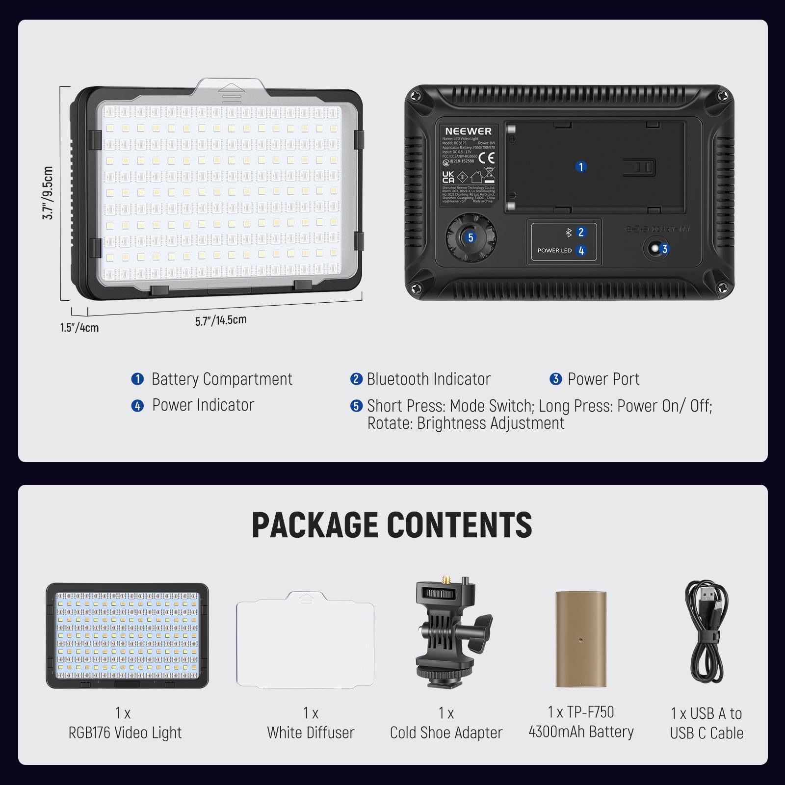 NEEWER Lampa wideo RGB z 4300 mAh NP-F750 zapasowa bateria, sterowanie aplikacją 360° kolorowy LED kamera kluczowe oświetlenie CRI95+ możliwość ściemniania do studyjnej lustrzanki cyfrowej, fotografii