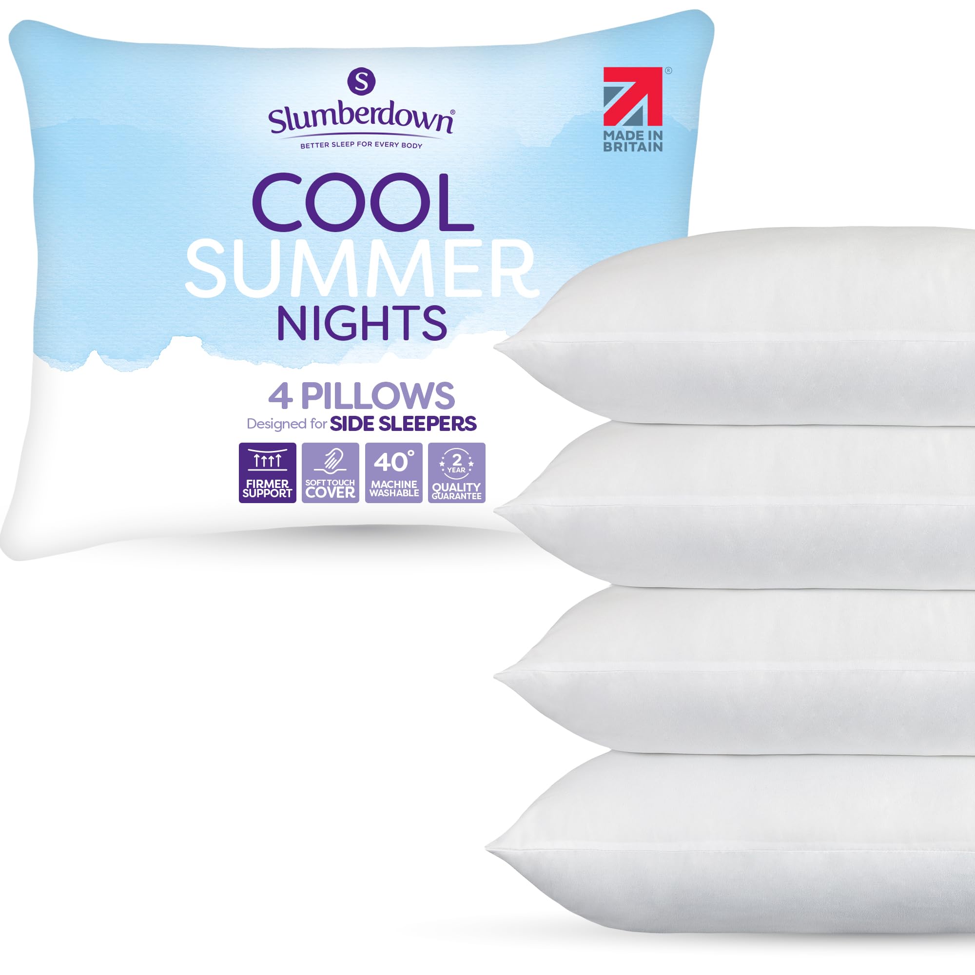 Slumberdown White Cool Summer Nights Pillows 4 Pack - Breathable Firm Support Back & Side Sleeper Pillow For Hot Sleepers | Uk-Made, Non-Allergenic, Washable (48 X 74Cm)