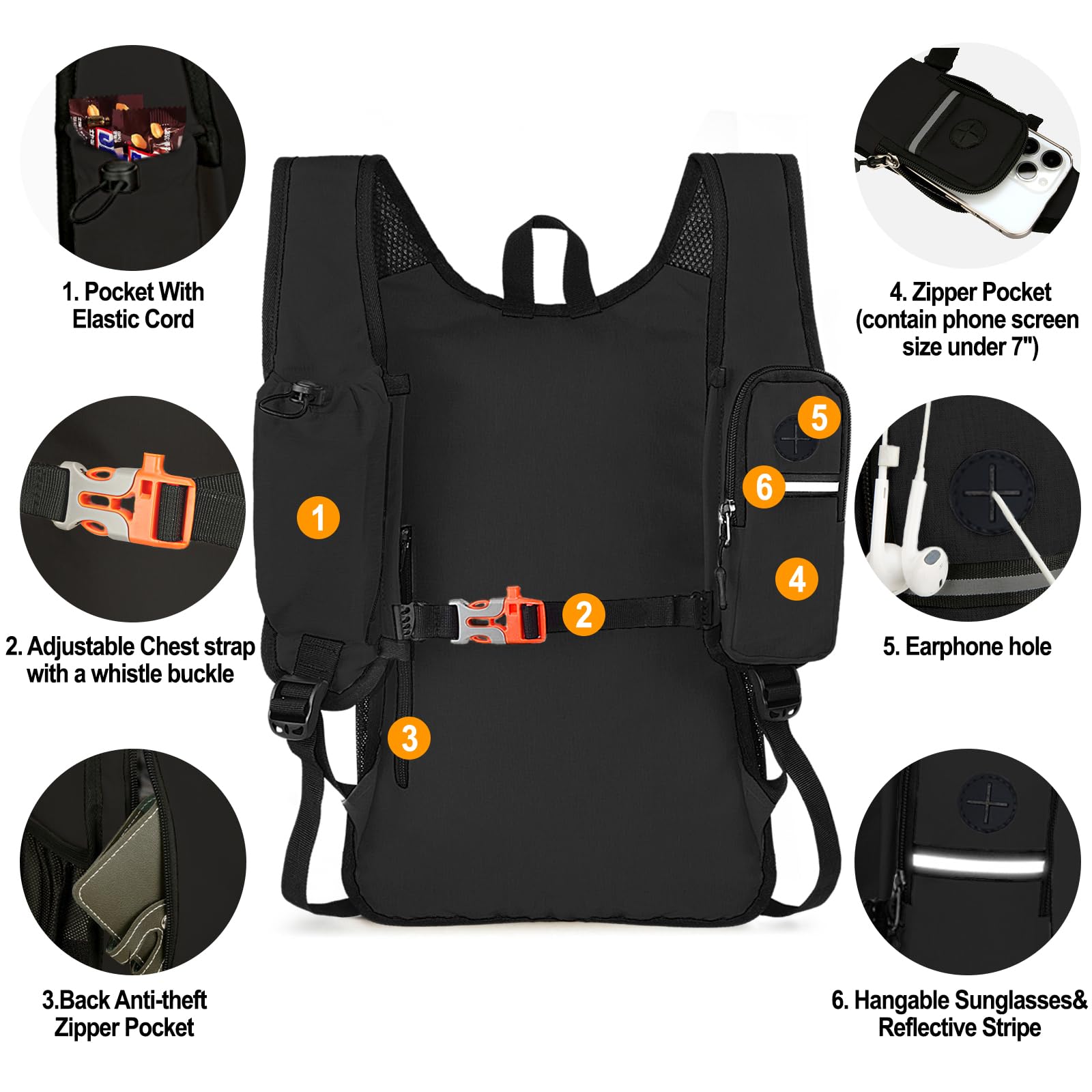 Mochila de senderismo pequeña de 15 litros para mujeres y hombres, mochila ligera para senderismo plegable con bolsillo para teléfono para viajes y campamento, Negro -, Senderismo, camping 3