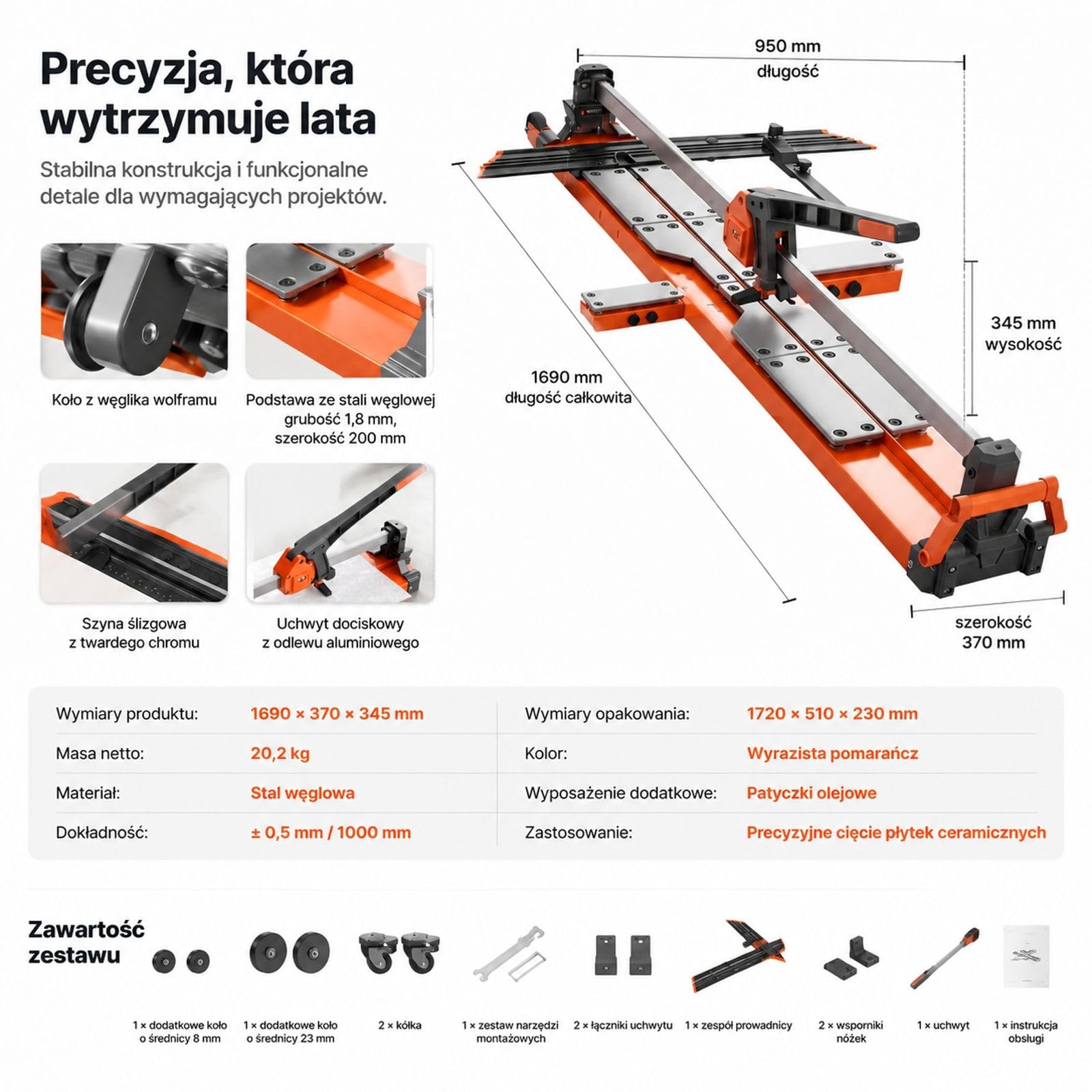Przecinarka do płytek ze sprężynową podstawą, regulowanym ogranicznikiem kąta, kołem z węglika wolframu, stalowym korpusem, pomarańczowa