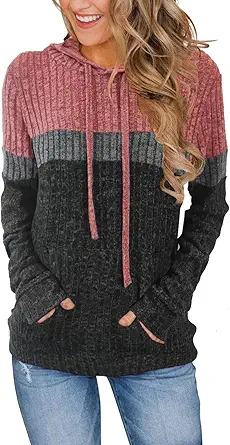 MixShe Women’s Color Block Knit Hoodie – Casual Long Sleeve Pullover Sweater Tops with Pocket