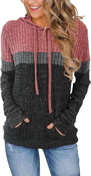 MixShe Women’s Color Block Knit Hoodie – Casual Long Sleeve Pullover Sweater Tops with Pocket