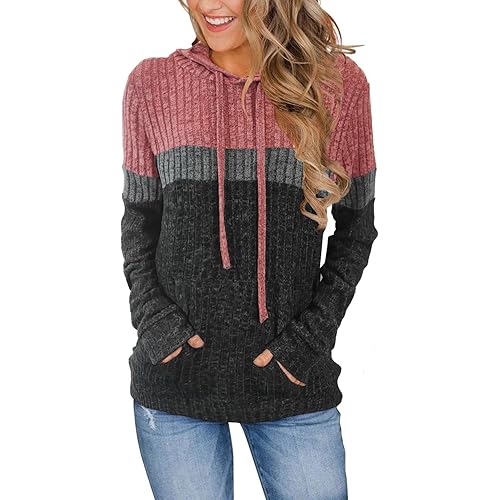 Women’s Color Block Knit Hoodie – Casual Long Sleeve Pullover Sweater Tops with Pocket