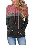 Women’s Color Block Knit Hoodie – Casual Long Sleeve Pullover Sweater Tops with Pocket