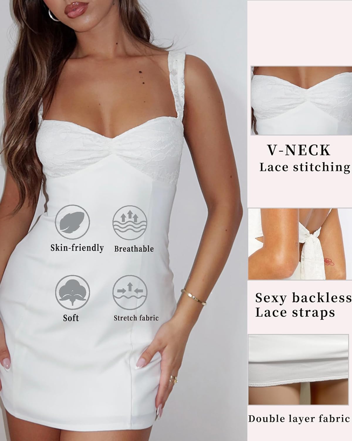 Women's Summer Mini Dresses Sexy Lace Straps Sweetheart Neckline Backless Cocktail Party Bodycon Dress