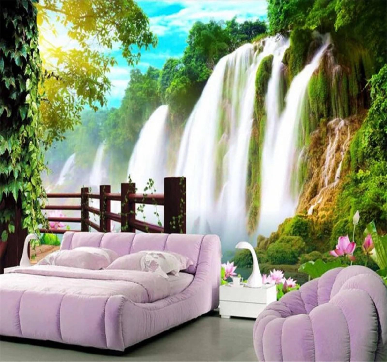 Wallpaper-3D-Xlm 400Cm×280Cm(B×H) Three Dimensional Wooden Bridge Mountain Peaks Waterfall Landscape 3D Wallpaper Easy Install Feature Office Living Room Sofa Bedroom Tv Background Wall Decoration-400Cm×280Cm