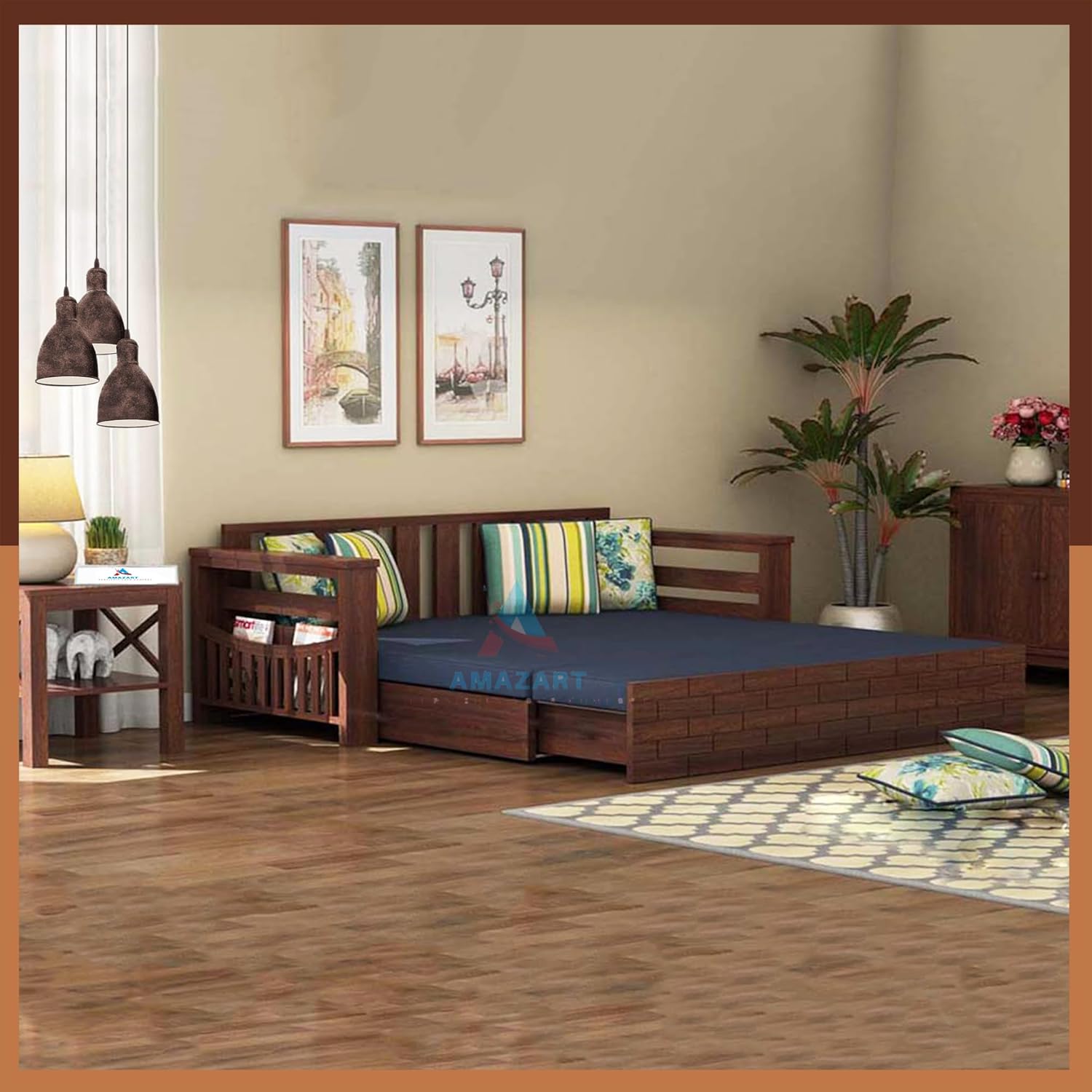 Sheesham Wood 3 Seater Sofa Cum Bed with Storage Side Pockets for Living Room | Three Seater Sofa Com Bed | Wooden Sofa Bed for Home | 3-Person Sofa | Brick Design, Walnut & Blue Sheesham Wood 3 Seater Sofa Cum Bed with Storage Side Pockets for Living Room | Three Seater Sofa Com Bed | Wooden Sofa Bed for Home | 3-Person Sofa | Brick Design, Walnut & Blue