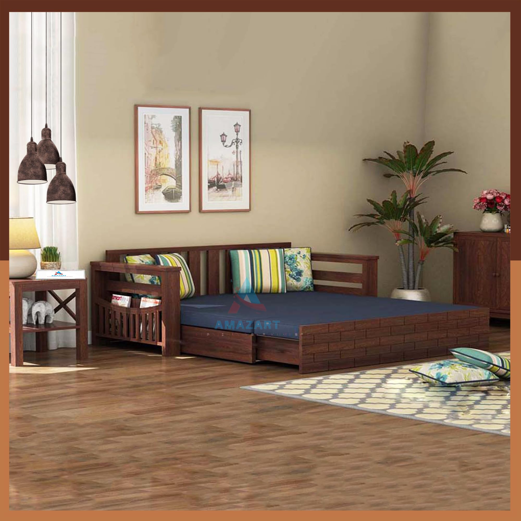 AMAZART FURNITURE Solid Sheesham Wood Convertible 3 Seater Sofa Cum Bed with Headboard and Storage Armrest, Folding Queen Size Double Bed with PullOut Big Drawer Furniture for Home Living & Bed Room