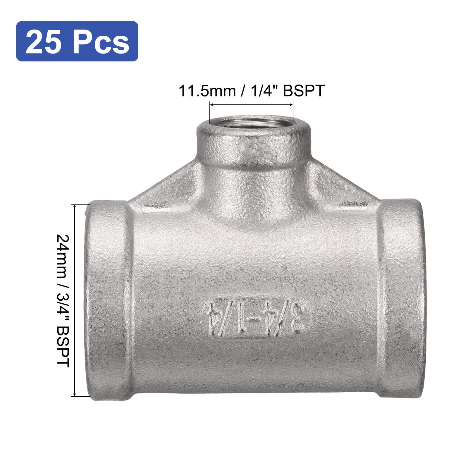 QUARKZMAN Accesorio De Tubería De Acero Inoxidable 304 Fundido 3/4 BSPT x 1/4 BSPT x 3/4 BSPT Tee Hembra Conector De 3 Vías Acoplador 25pcs