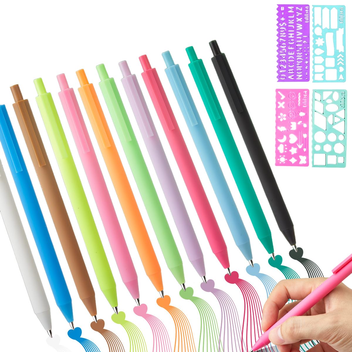12Pack Quick Drying Retractable Coloured Gel Pens Set,0.6mm Fine Point Cute Colorful Pens for Writing Drawing Journaling Note Taking School Office Home+Cute Patterns Number Lettering Stencil (12)