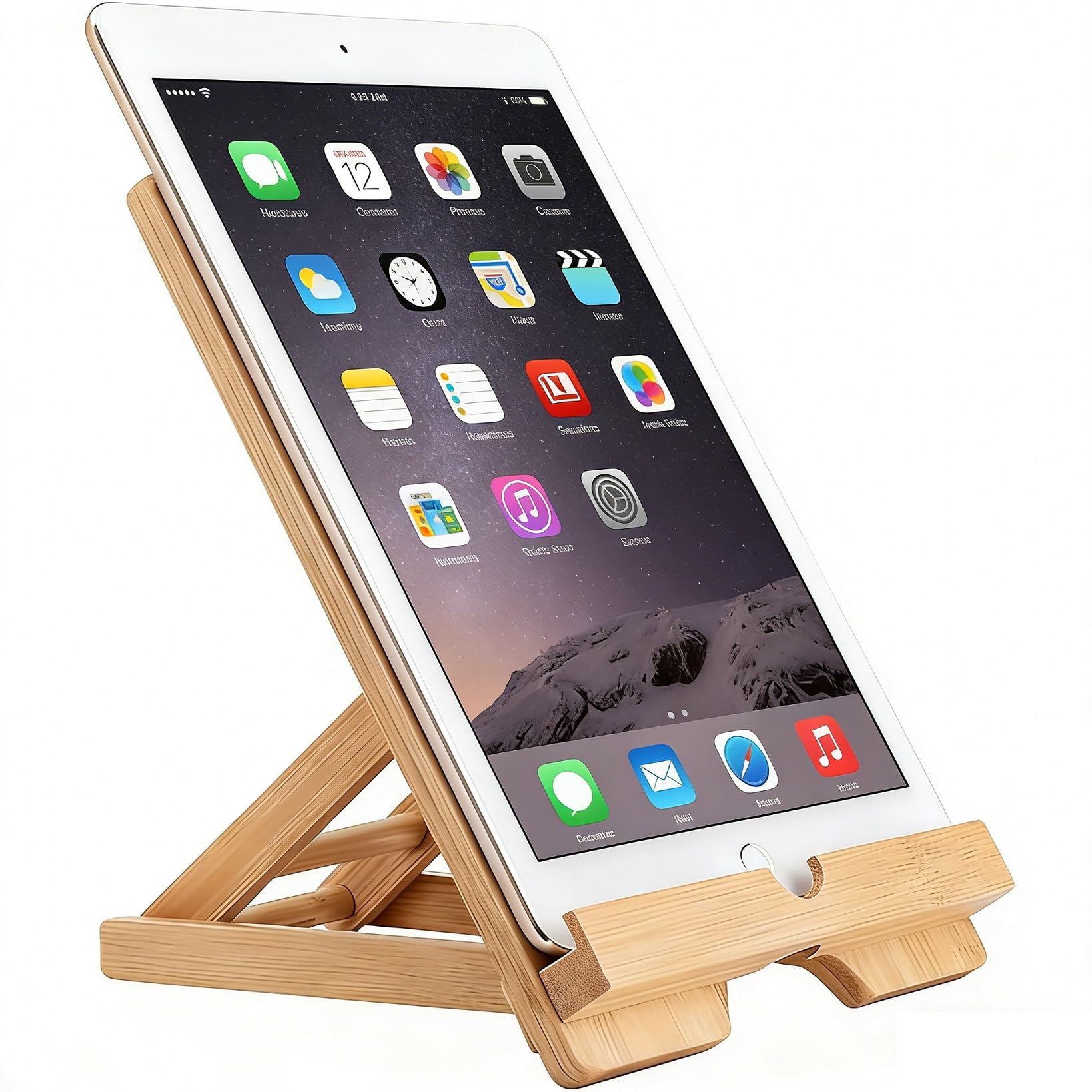 Supporto pieghevole regolabile in bambù per tablet e telefono con porta di ricarica, ideale per scrivania, cucina e relax