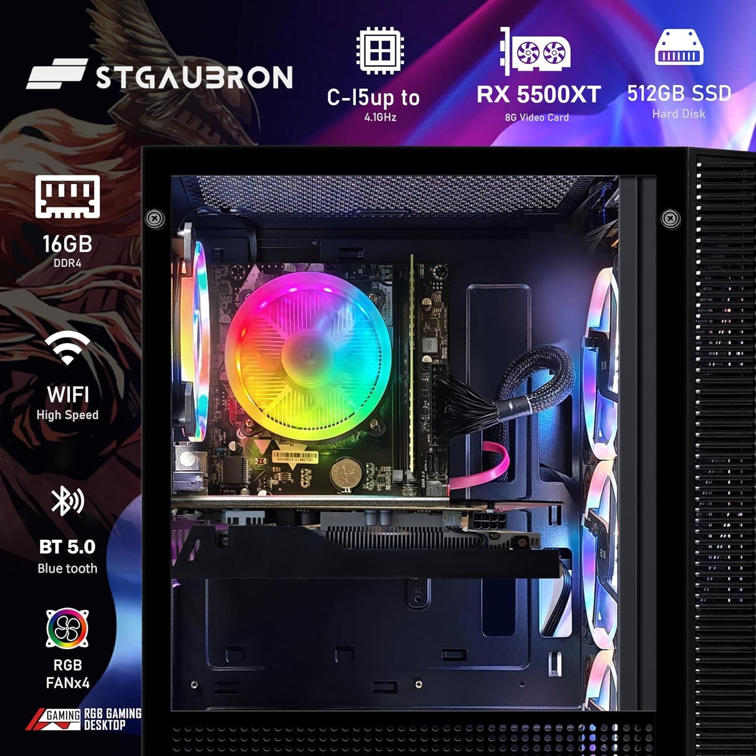 715uRwIKVmL._AC_SL1500_ STGAubron Gaming PC Computer Desktop, Radeon RX 5500 XT 8G, Intel Core i5-9400F up to 4.1GHz, 16G DDR4, 512G SSD, 600M WiFi, BT 5.0, RGB Fan x4, Windows 11 Home