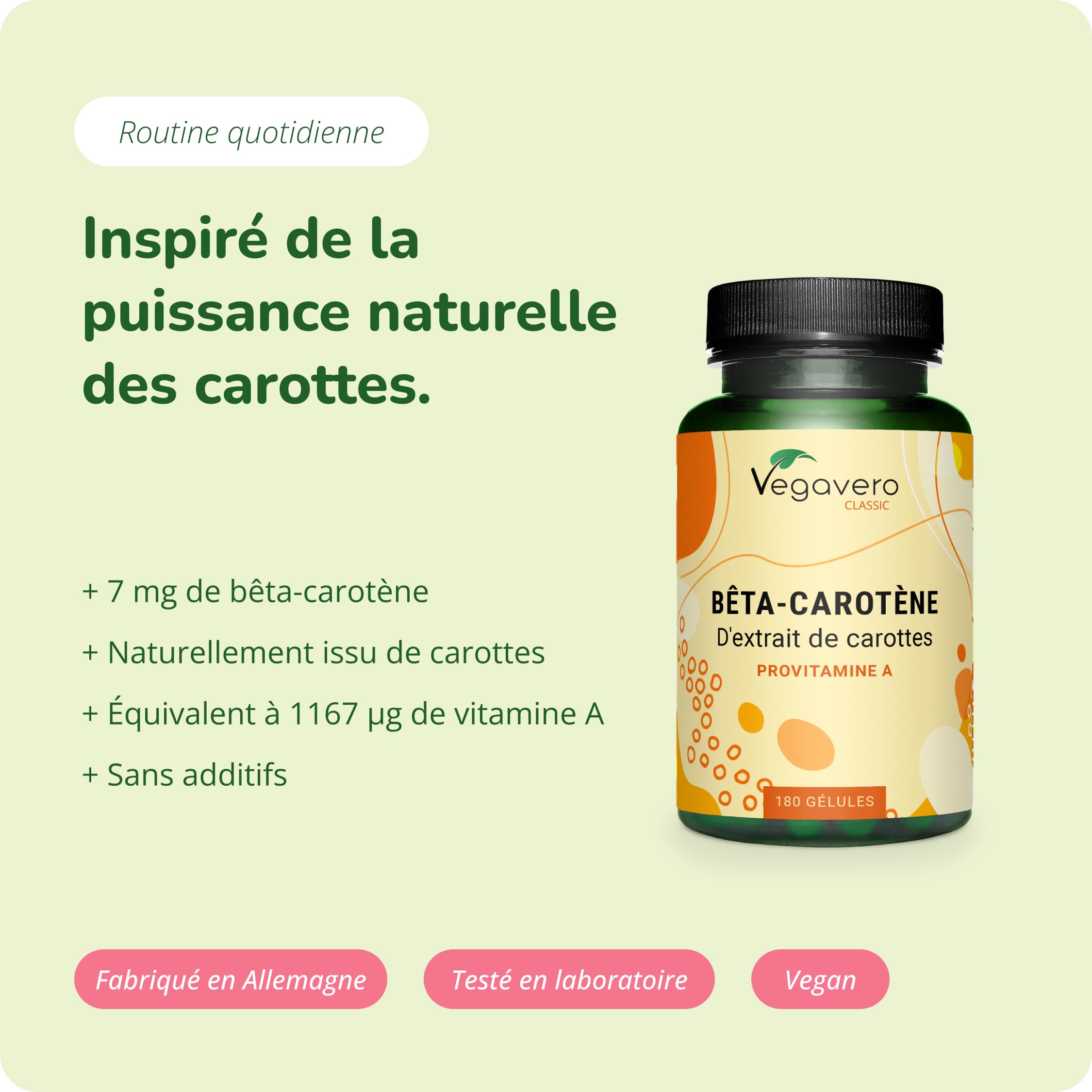 Bêta Carotène Vegavero® | 100% NATUREL & Vegan | Sans Additifs | Bronzage & Protection Peau | Extrait de Carotte Avec Vitamine A | 180 gélules (6 mois)