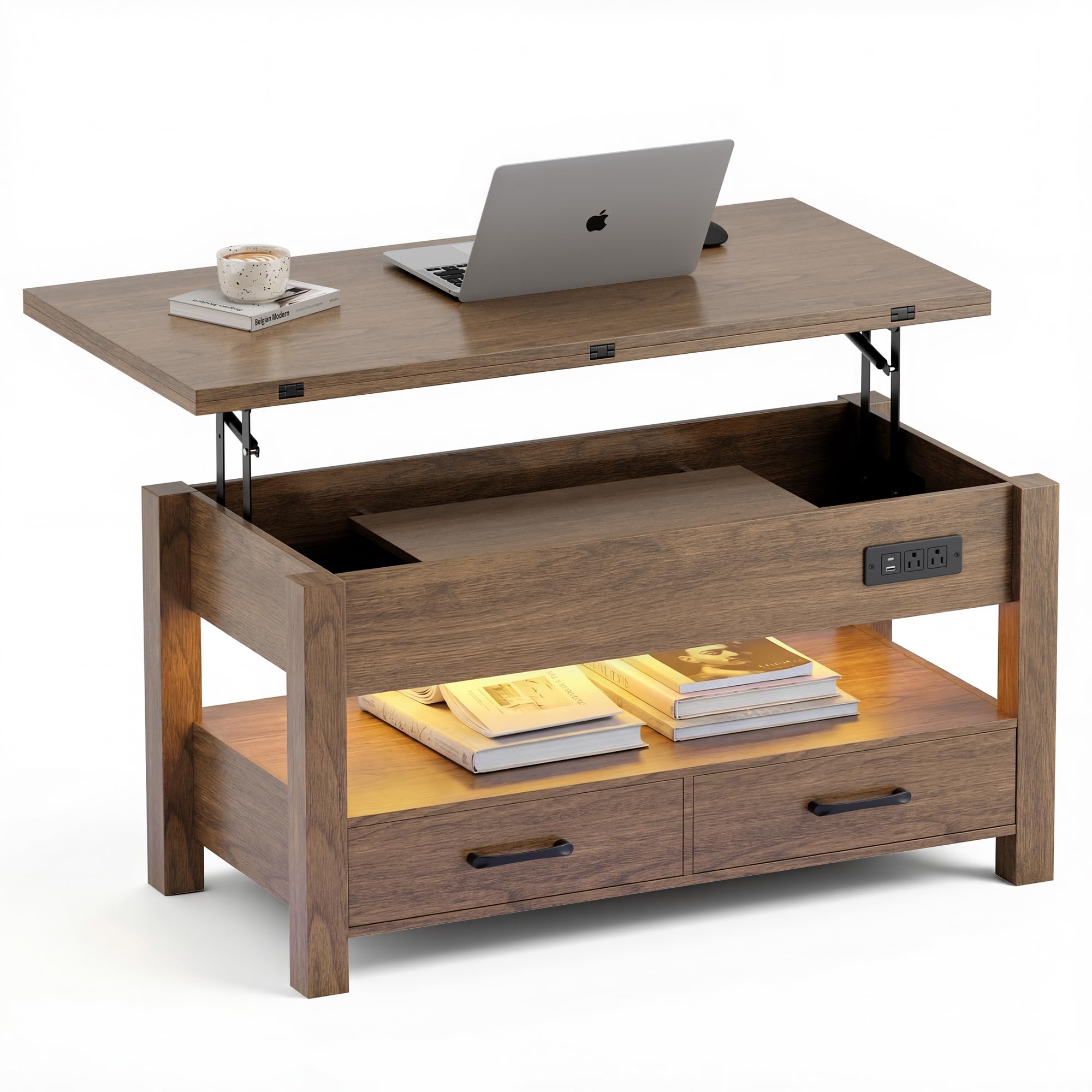 MALOL Table Basse Relevable Intelligente pour Salon, 4 en 1 Multifonction Moderne avec Tiroirs De Rangement, Table Basse en Bois Style Ferme, Noyer