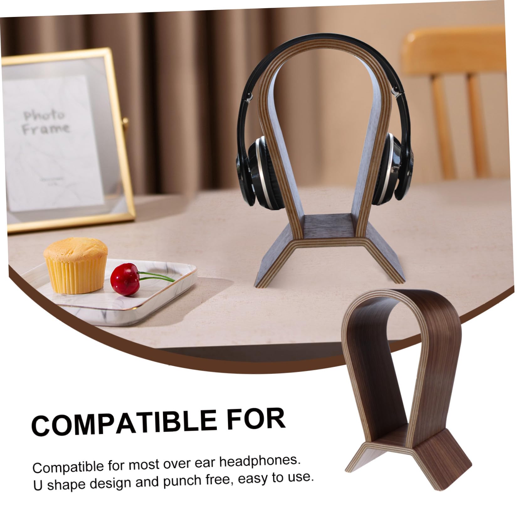 Support et Naturel Casque Stable Noyer en de Bois pour Élégant Présentoir Synthétique pour Bureau Musique et Café