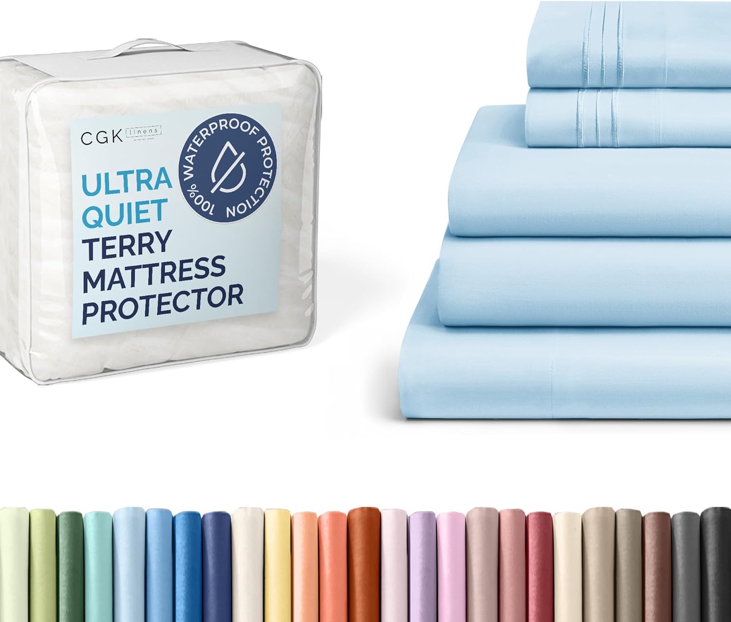 CGK Unlimited Split King Size 5 Piece Light Blue Sheet Set + Split King Size Terry Mattress Protector