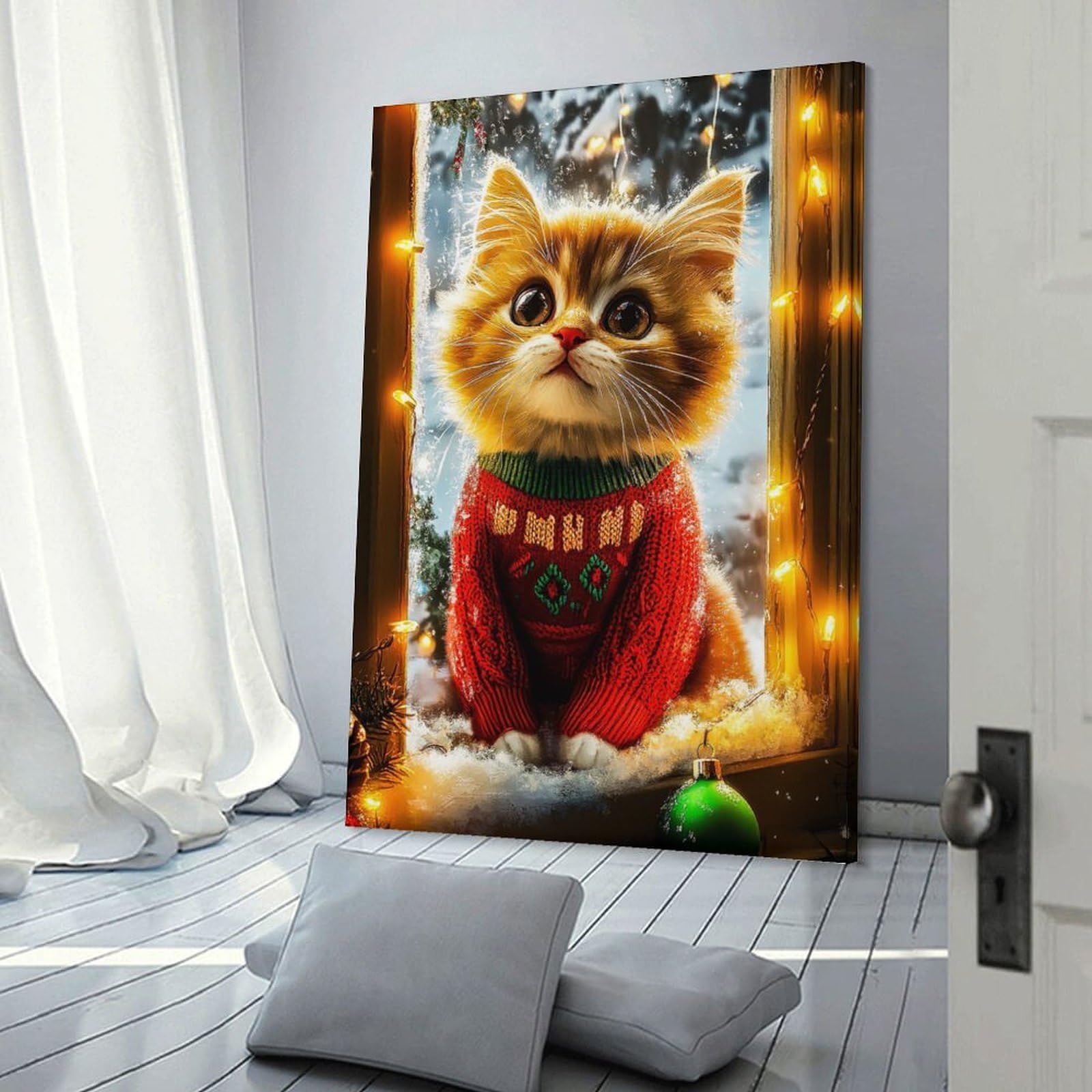 Junmoney Christmas Kitten in Window Wall Picture Print 24x36inch(60x90cm), for Bedroom Decor, Cosy Corners Or Studios, Home Artwork with A Soft Interior Feel