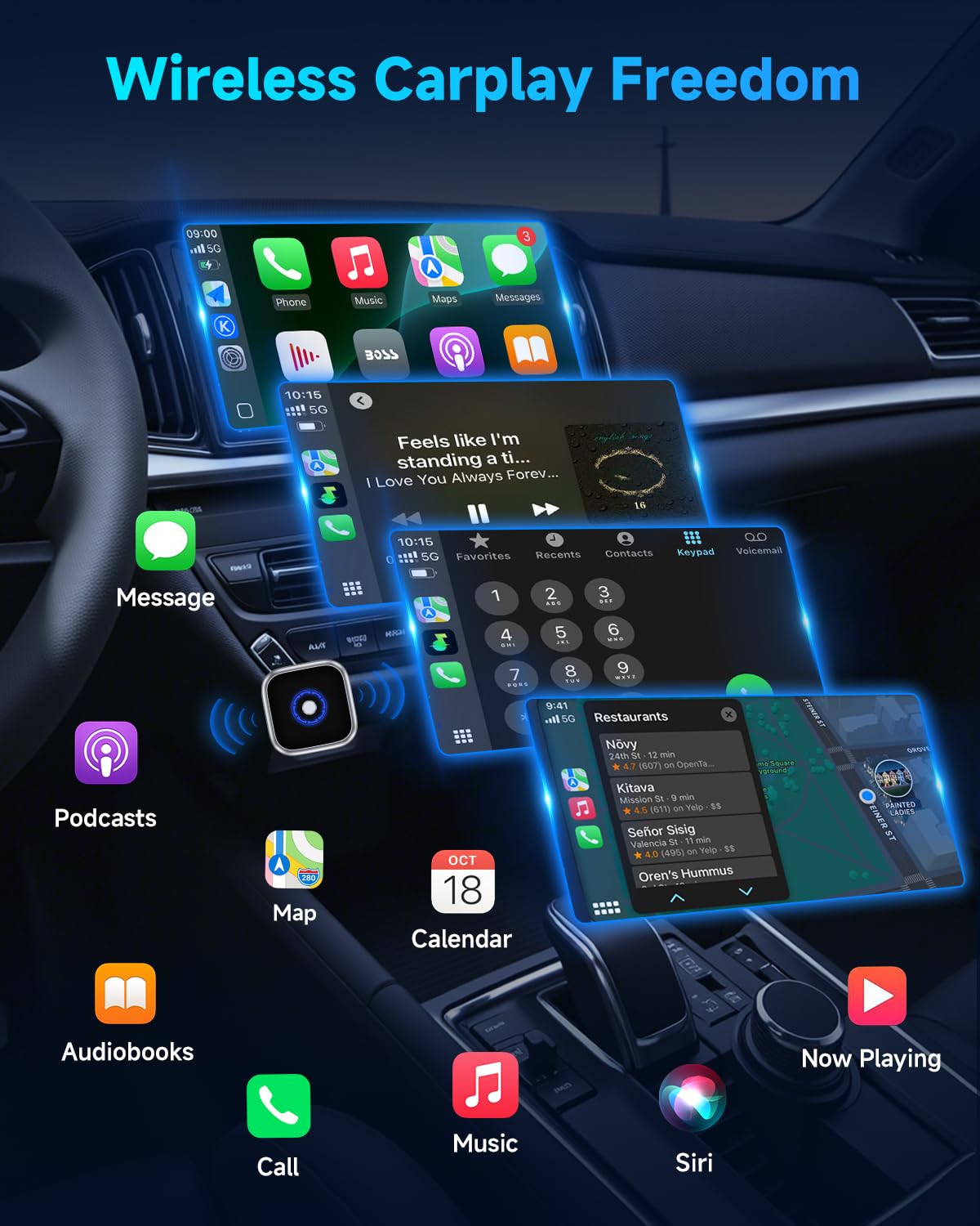 Ultra Mini Android Auto & CarPlay Wireless Adapter, One-Click Switch, 3s Auto Reconnect，Latest A9 Chip 5.8GHZ WiFi, 5.4 Bluetooth, USB-C/USB-A/Extension Cable, Light Black — view 6