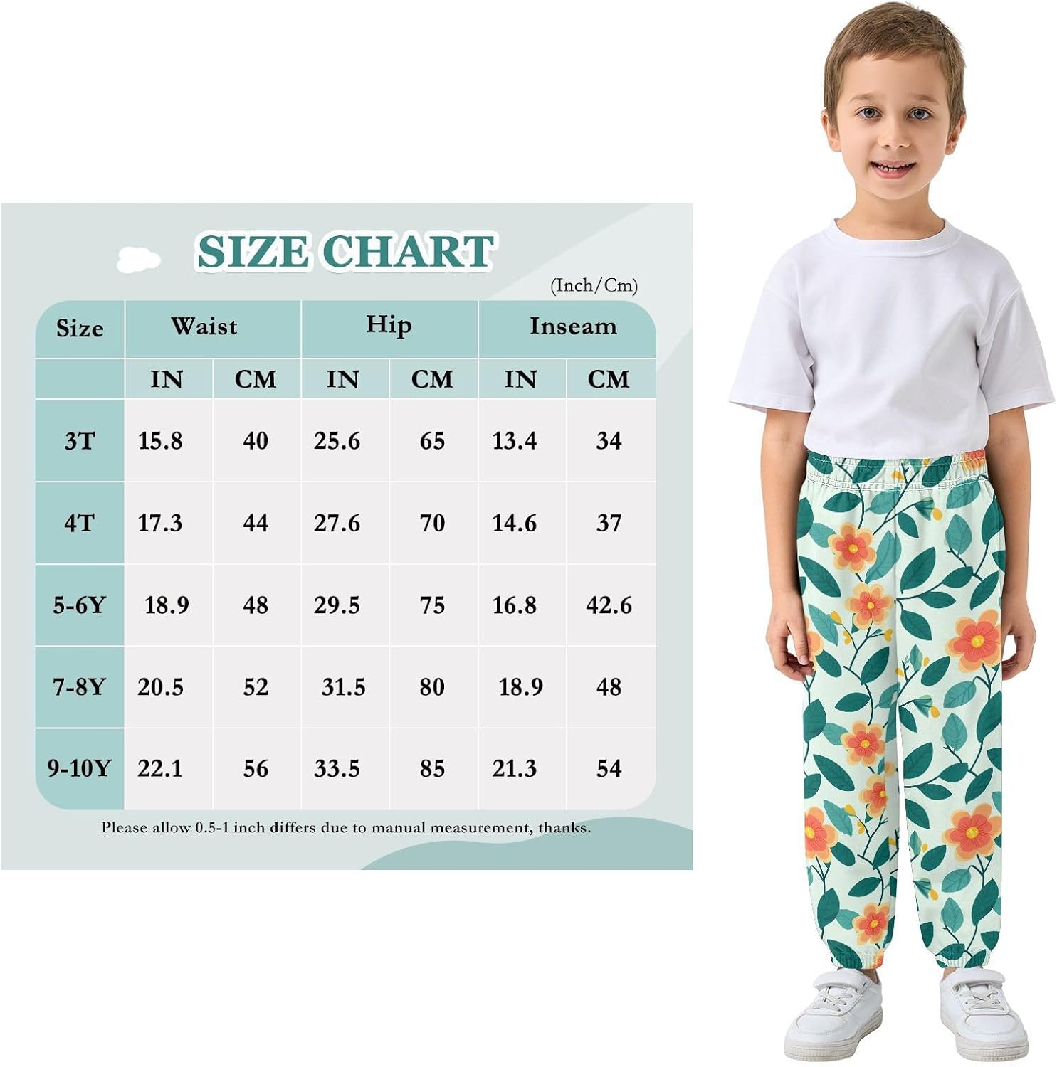 Boy Sweatpants Leaf Colored Flower Green Joggers Casual Athletic Pants Kids Elastic Waist Cuffed with Pockets
