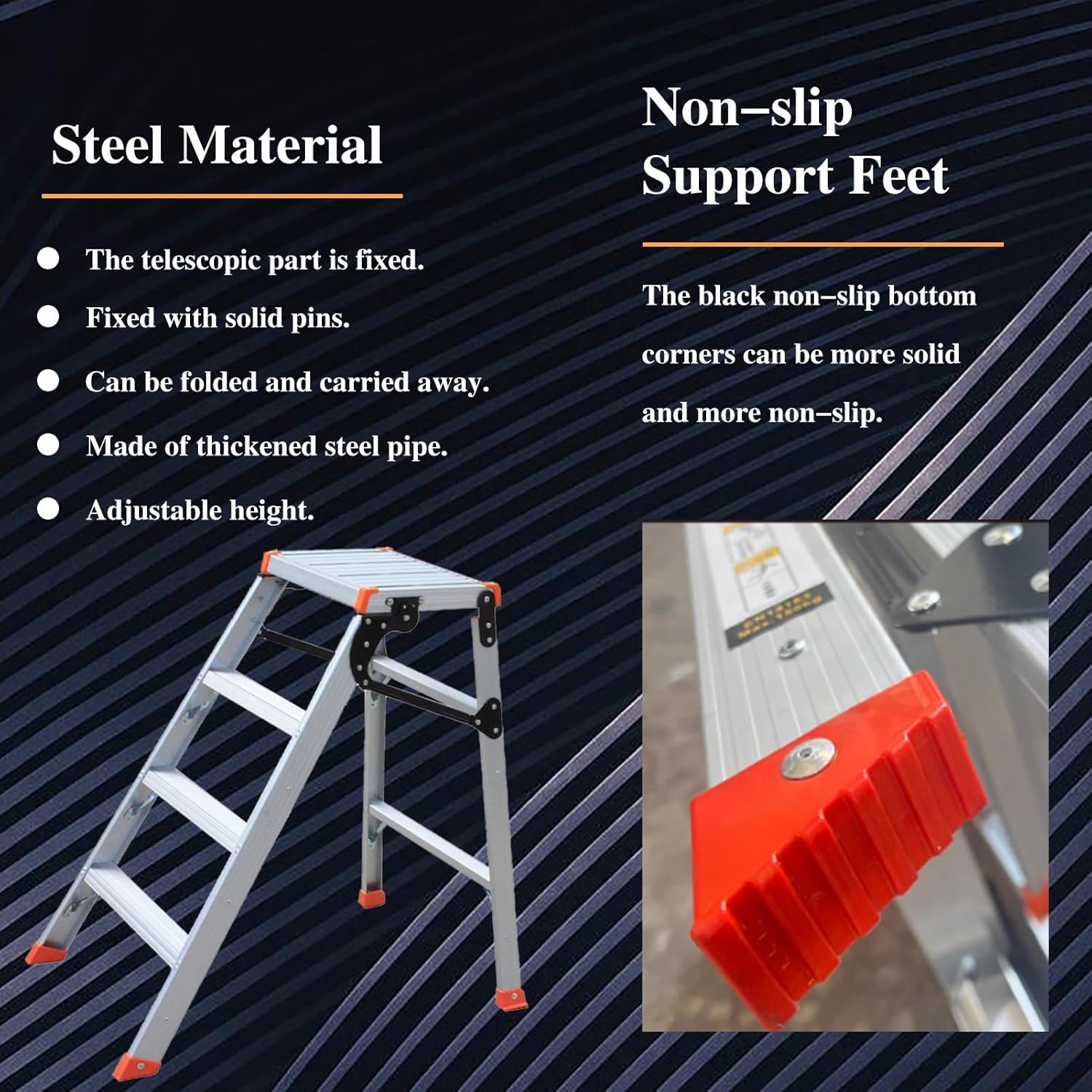 Image detailing the steel material and non-slip support feet of the scaffolding.