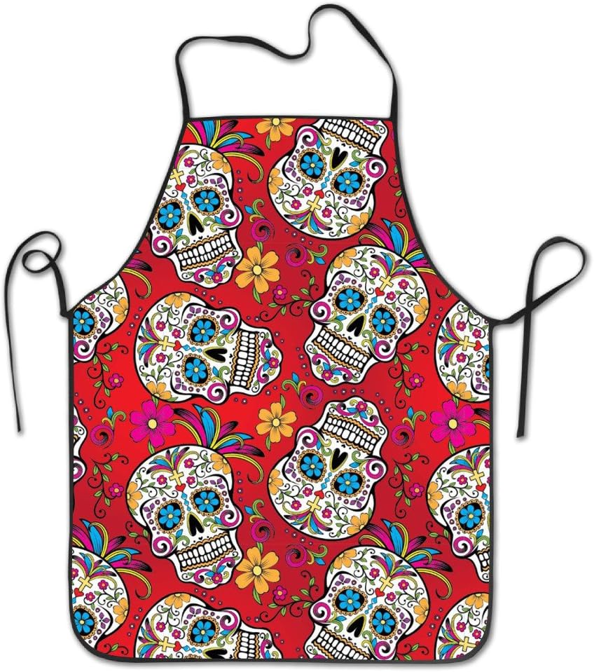 Manygoyo Funny Apron Chef Kitchen Cooking Apron Bib Sugar Skull Cross Flower Grilling Comfortable