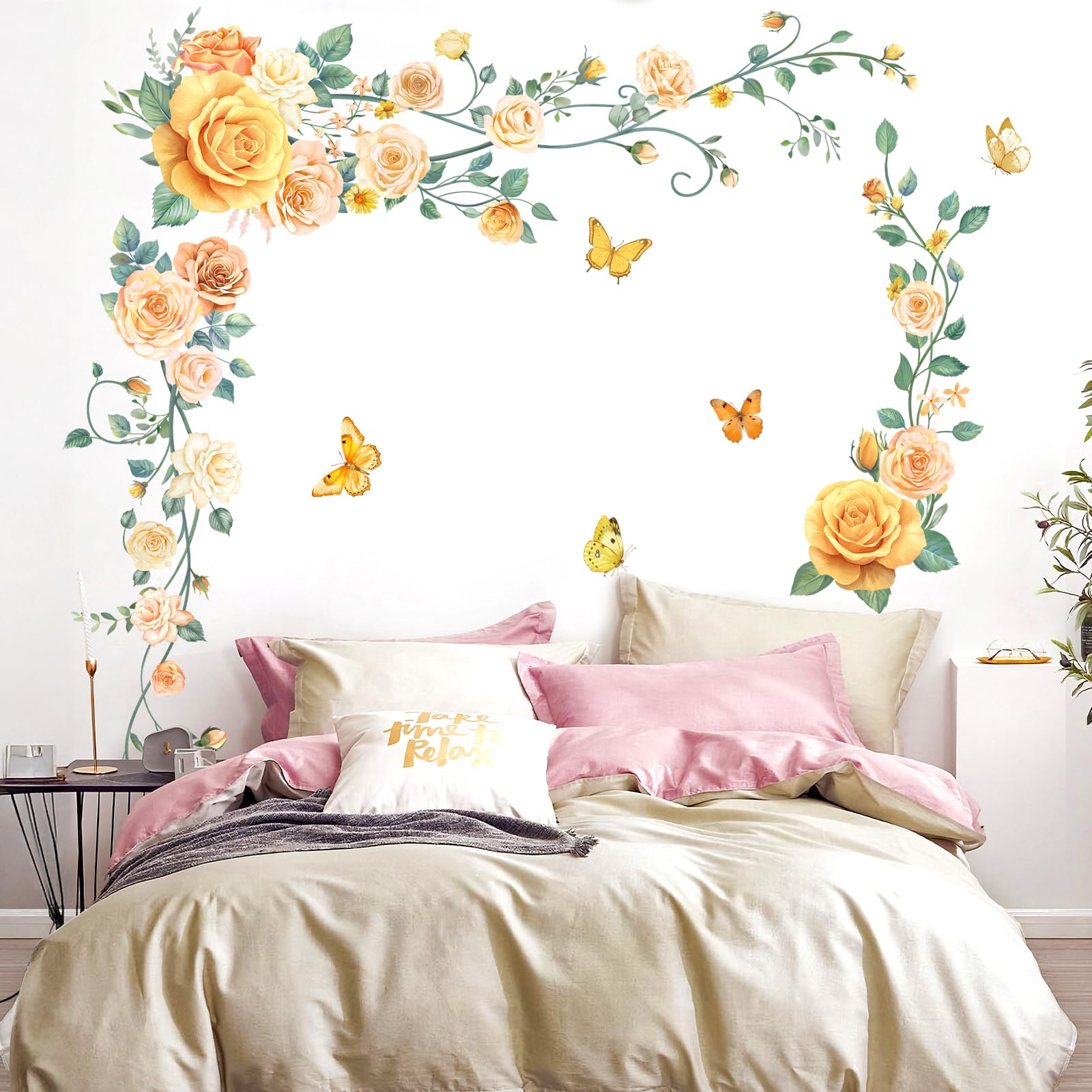 Fufuquare Rose Flower Butterflies Wall Decals Hanging Vine Yellow Floral Wall Stickers for Nursery Living Room Bedroom