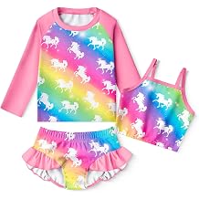 LQSZ Girls Rash Guard Sets Long Sleeves Swimsuit 3 Pieces Tankini Bathing Suit Swimwear for Girls 3-12 Years