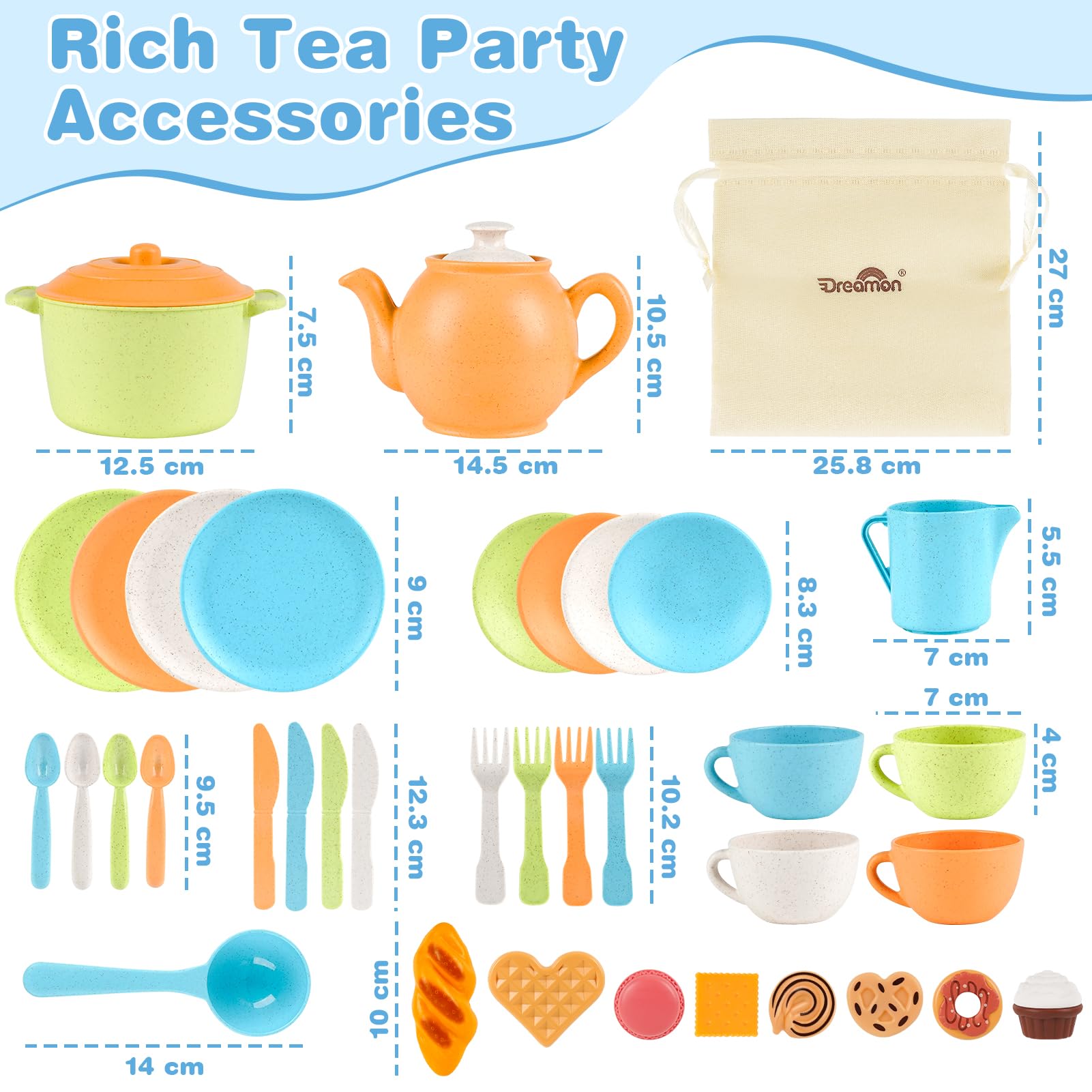 Dreamon Juego de Té para Niños 36PCS, Juego de té Juguete con Postre Juguete Juego de Cocina Educativos Juegos de rol Regalo para Niños Niñas 3 4 5 6 años