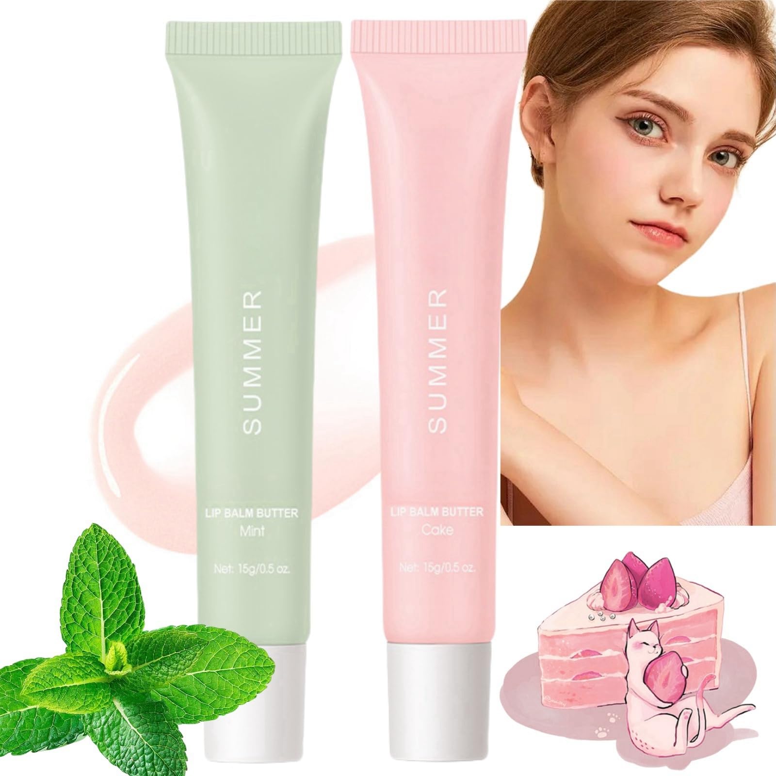 2pcs Lip Butter Balm - Moisturizing, Hydrating Colored Oil, Plumping Gloss, Nourishing Mask for Chapped, Dry Lips - Soothing Care - Mint+Cake Flavor