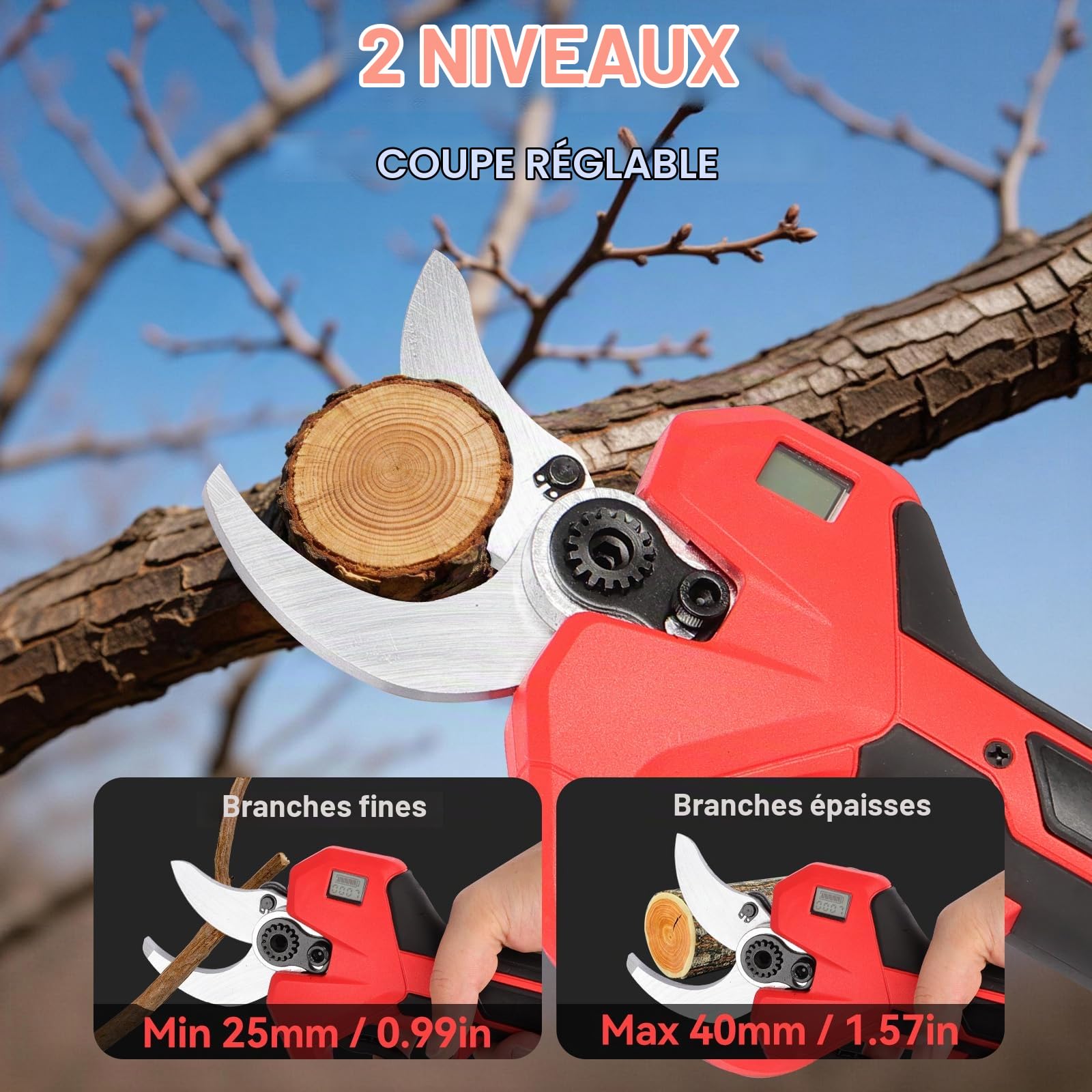 Secateur Electrique Sans Fil 50mm: Sécateur Électrique Brushless avec 21V 2x2000mA Batteries, 2PCS SK7 Professionnel Sécateur Lame Convient Pour Jardinage Arbustes, Raisins, Olives