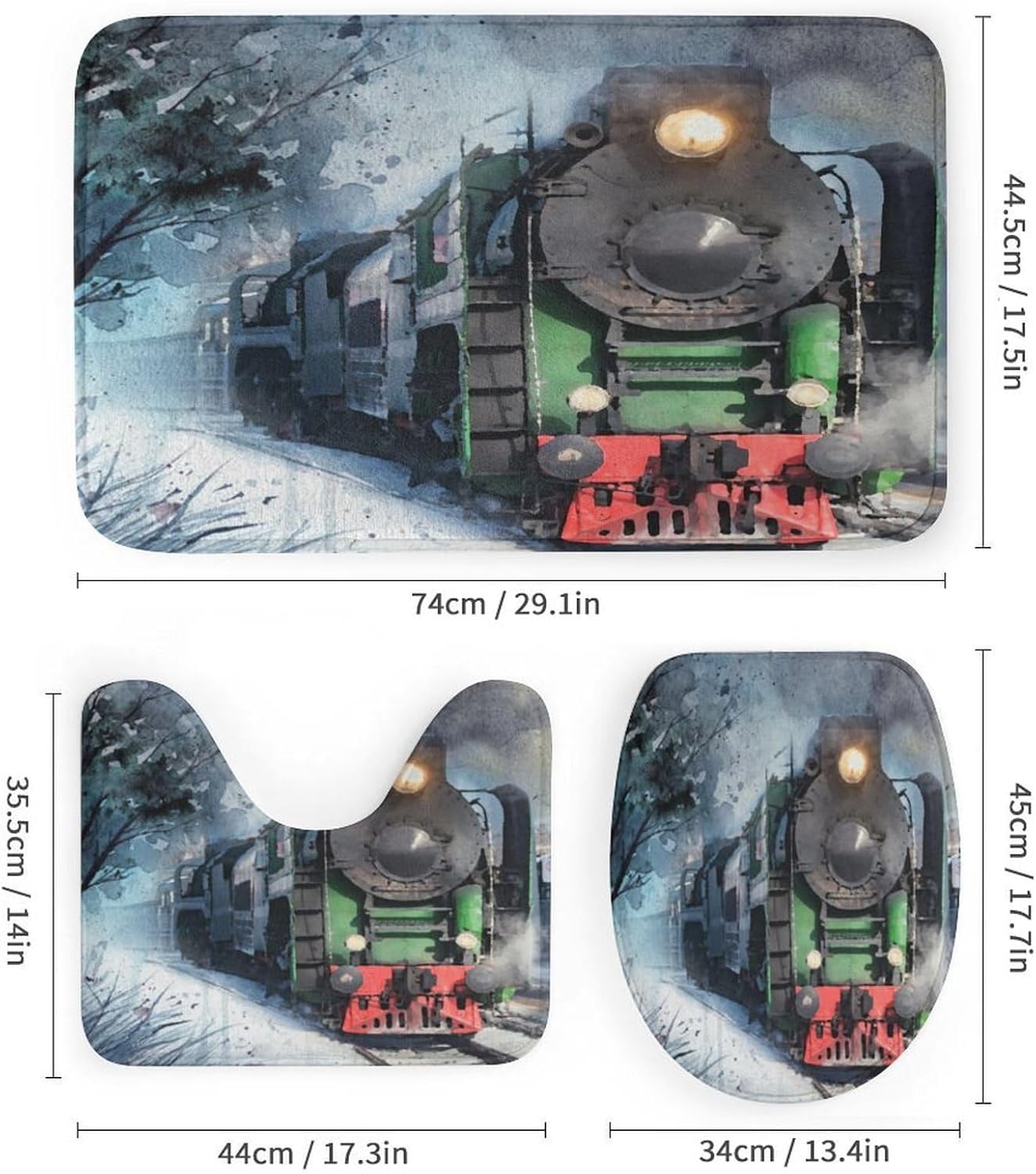Brebasf Watercolor Old Steam Train 4 Pcs Waterproof Shower Curtain Set,Abstract Oil Painting Winter Forest Antique Steam Train with Waterproof Toilet Cover Shower Mat Rugs