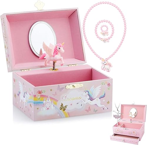 RR ROUND RICH DESIGN Joyero musical infantil para niñas con bailarina y misterioso tema de unicornio rosa