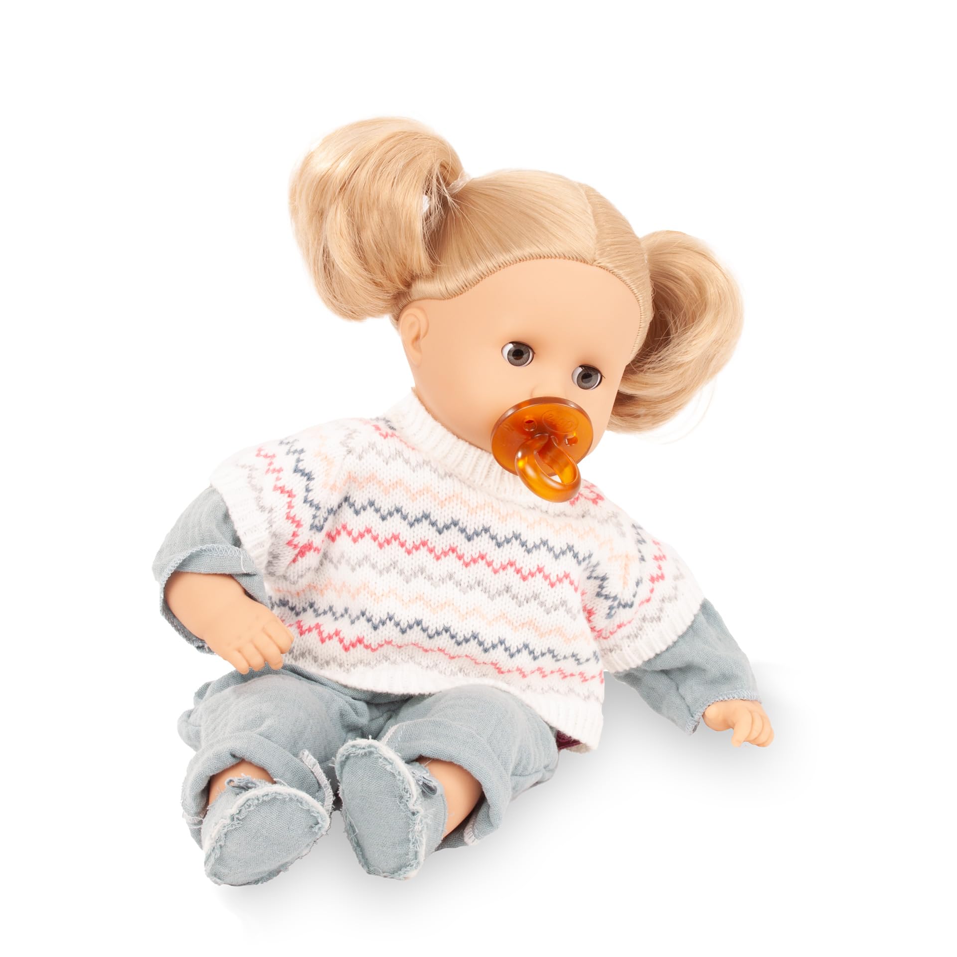 Götz 2620973 Muffin Zick Zack Puppe 33 cm Babypuppe Blaue Schlafaugen | 6-tlg, blonde Haare, Weichkörper, für Kinder ab 3 Jahren, frisierbar, waschbares Haar, mit Strickpullunder und Stoffschuhen