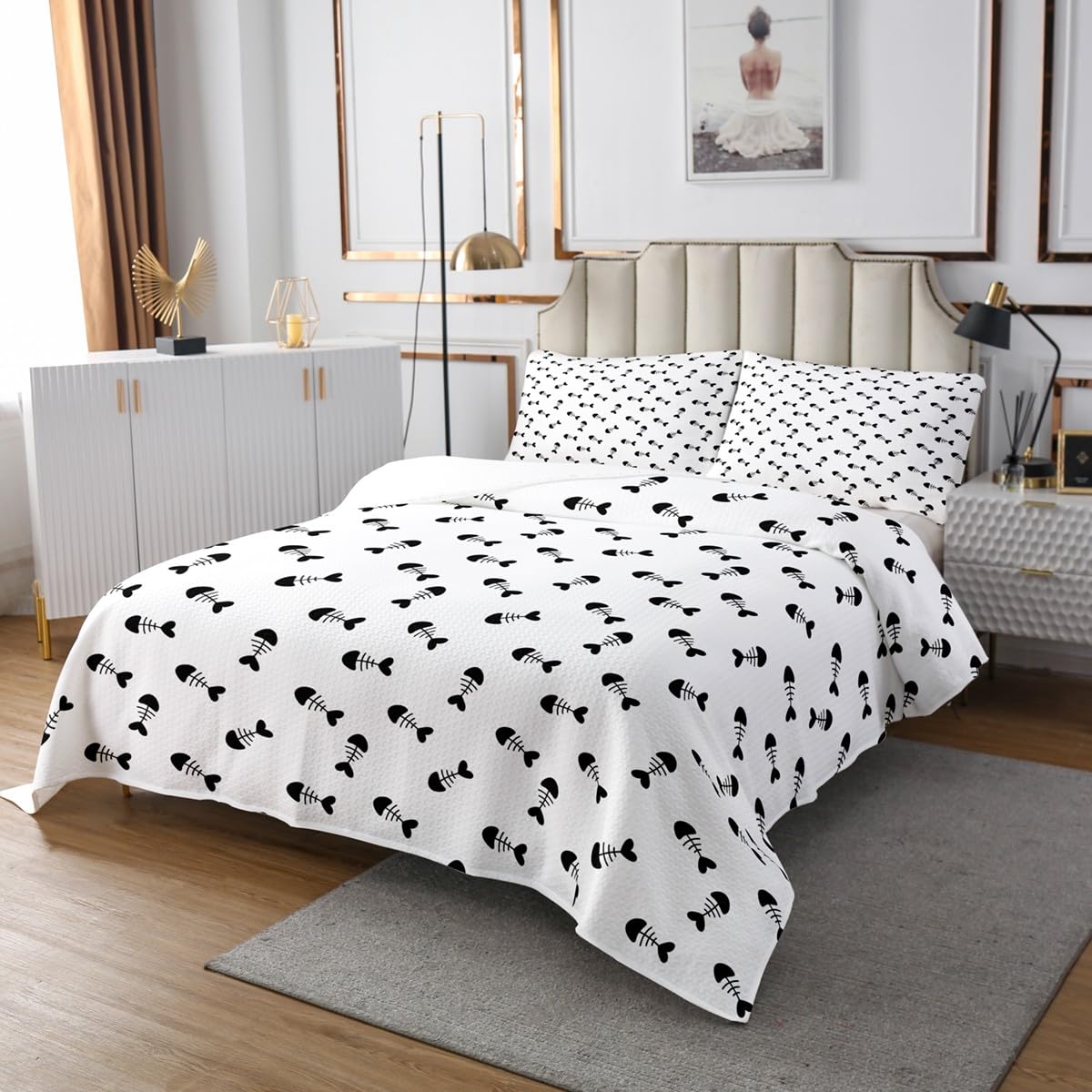 Manfei Cartoon Fish Bone Kids Bedspread King Size,Fishbone Sketch Cute Coverlet Set,Boys Girls Adults Room Decor,Cats Lovely Simple Quilted Coverlet,Black White Chic Bedding Quilt,2 Pillowcases