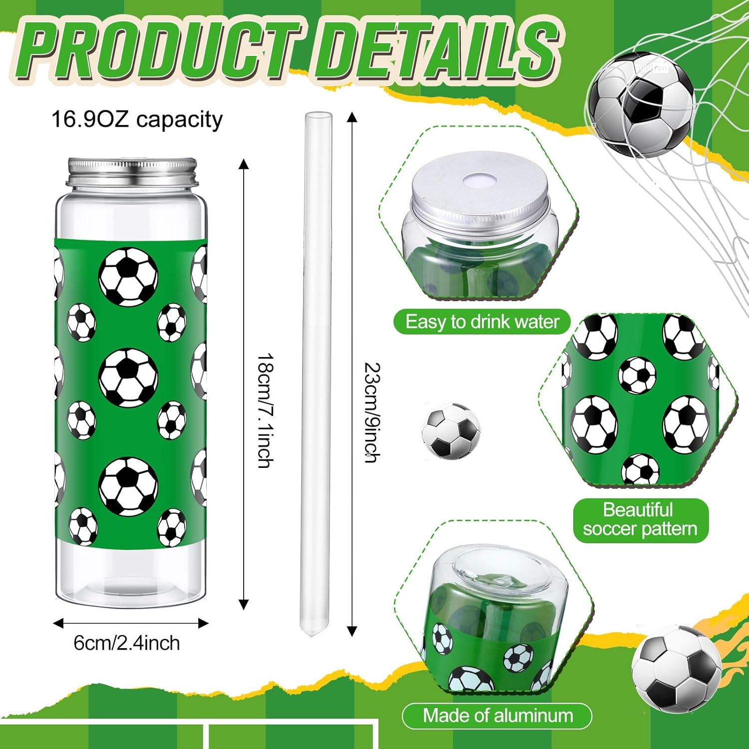 Maxdot 24 Pack 16.9 oz Soccer Plastic Cups with Lid and Straw Bulk Soccer Cup with Lid and Straw Clear Reusable Plastic Juice Bottles Tumbler for Sport Themed Party Favors Birthday Team Gifts