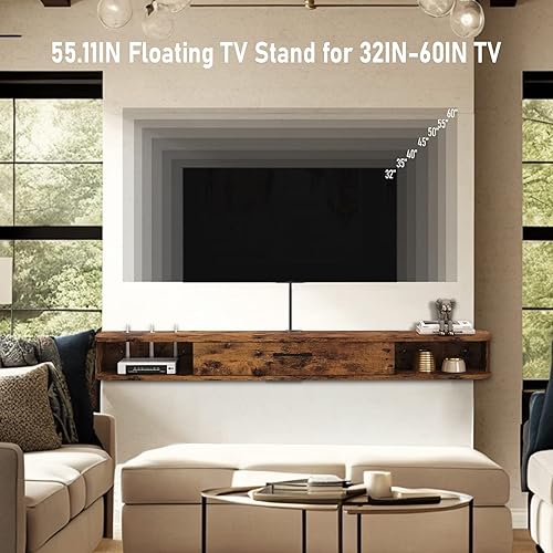 Miniatura 4 de Unidad de TV flotante, armario de TV montado en la pared de 55 pulgadas, estantes flotantes con puerta, centro de consola multimedia de